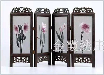 金霞湘绣礼品工艺品鸡翅木四页小屏风 双面绣