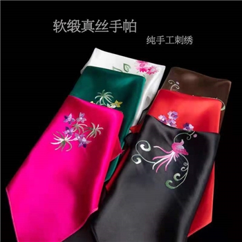 金霞湘绣纯手工刺绣花真丝 软缎方巾小手帕